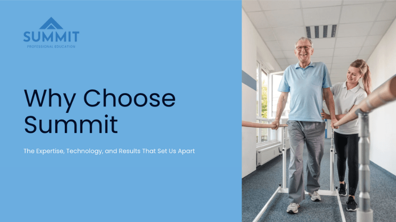 Physical therapist walking an elderly man, with text Why Choose Summit