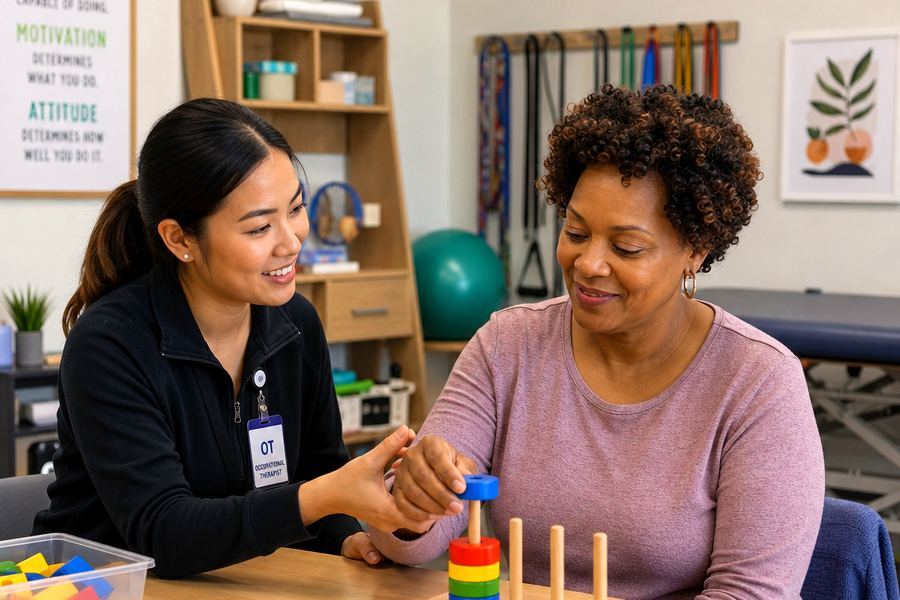 An occupational therapist and her patient working together at a table